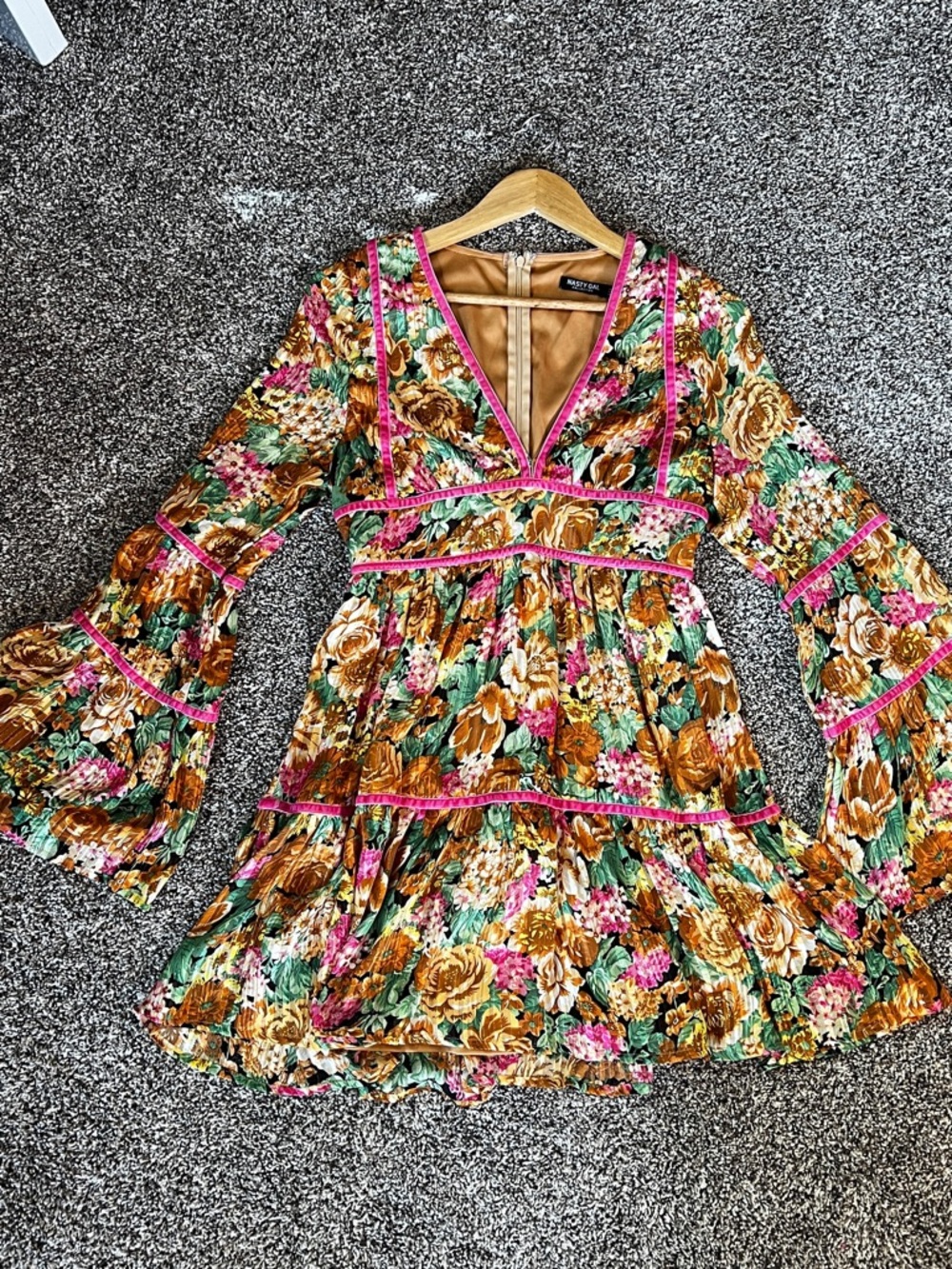 Nasty Gal Floral Tiered Mini Dress in Brown, Pink & Green